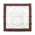 Hermès Brides de Gala en Fleurs silk scarf with a dark brown border, ivory center and intricate pale floral illustration.