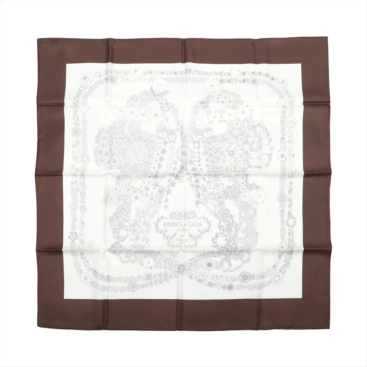 Hermès Brides de Gala en Fleurs silk scarf with a dark brown border, ivory center and intricate pale floral illustration.