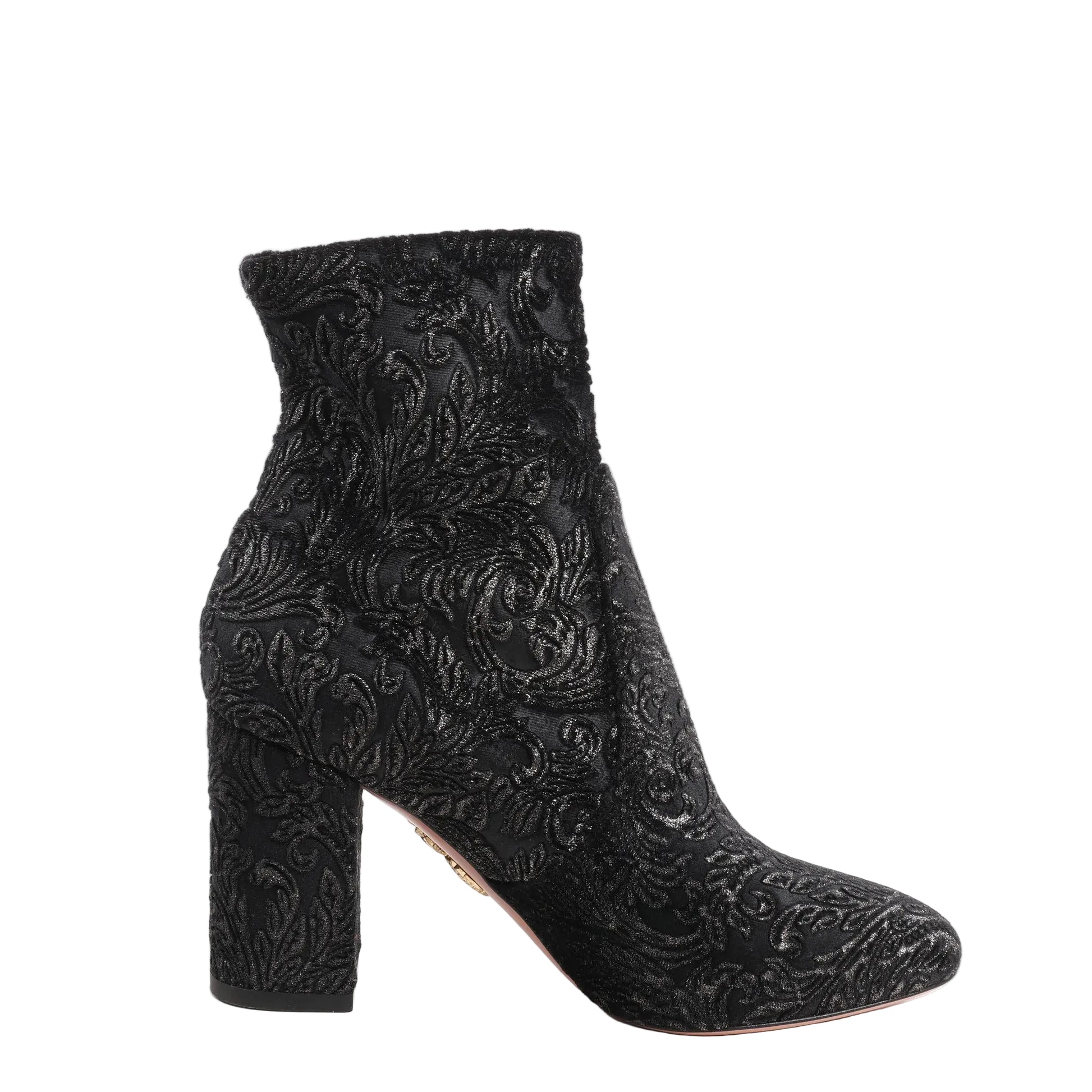 Black Aquazzura ankle sock boots in velvet featuring a tonal baroque tapestry pattern, high block heel, and sleek rounded toe in size 35.5 EU.
