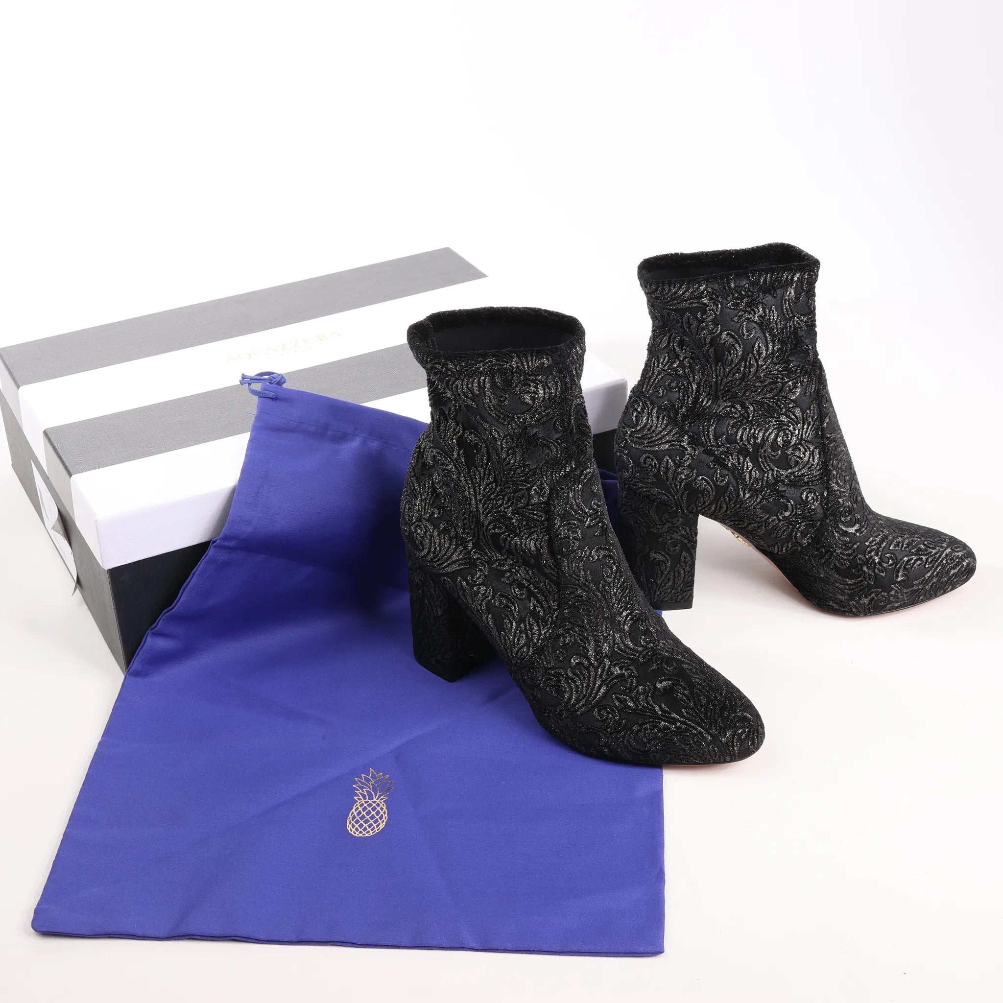 AQUAZZURA Heeled Velvet Ankle Sock Boots Tonal Baroque Tapestry in Black, Size 35.5 EU