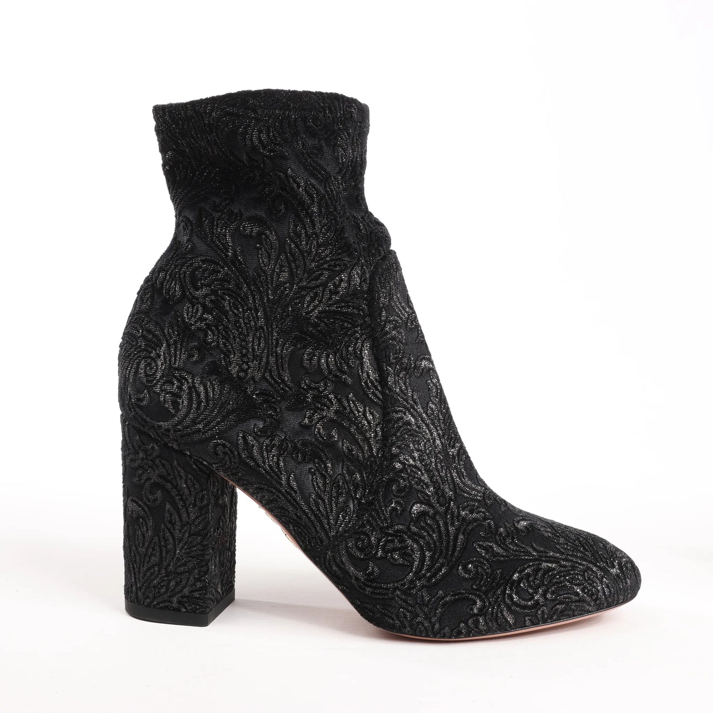 AQUAZZURA Heeled Velvet Ankle Sock Boots Tonal Baroque Tapestry in Black, Size 35.5 EU