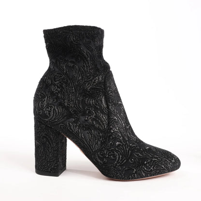 AQUAZZURA Heeled Velvet Ankle Sock Boots Tonal Baroque Tapestry in Black, Size 35.5 EU