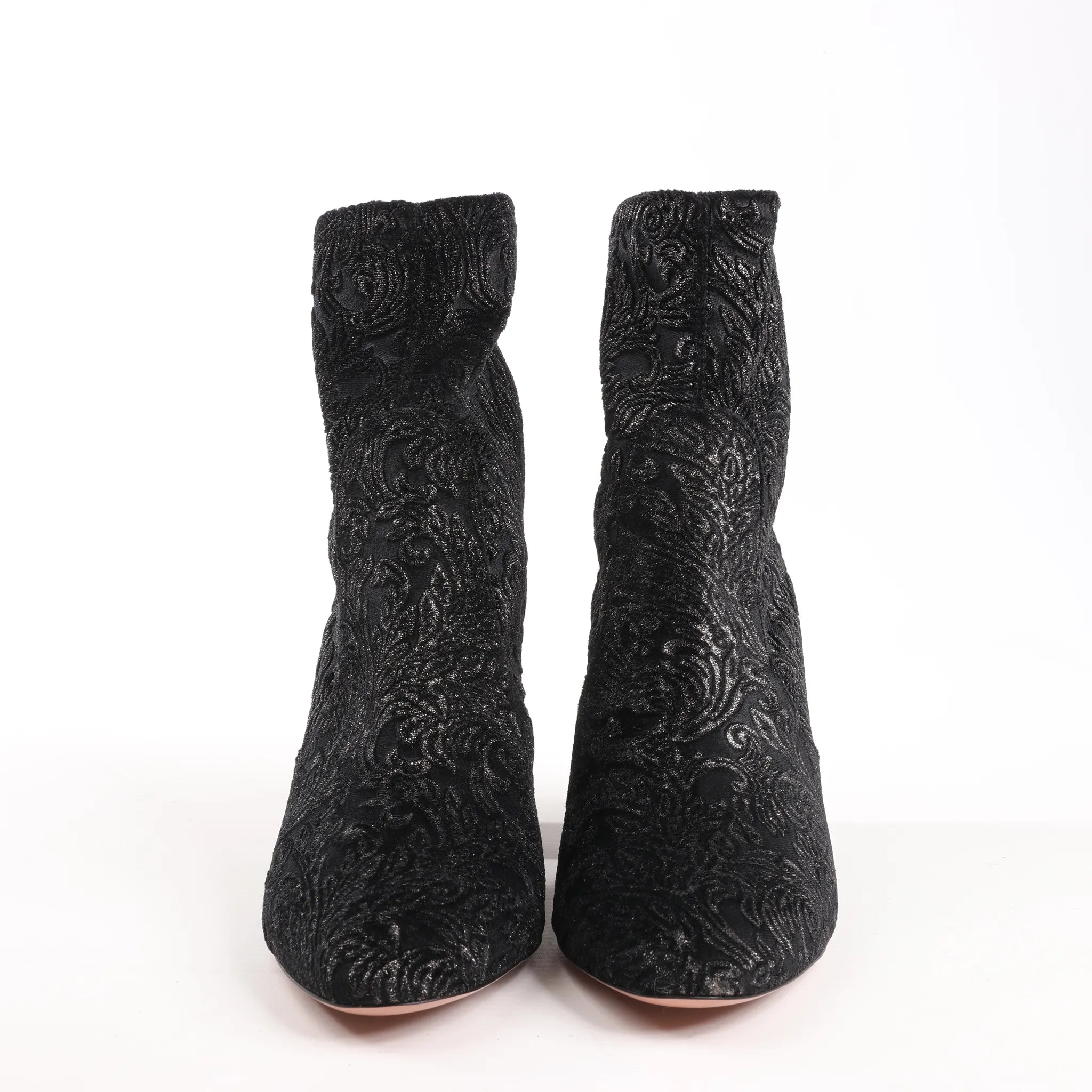 AQUAZZURA Heeled Velvet Ankle Sock Boots Tonal Baroque Tapestry in Black, Size 35.5 EU