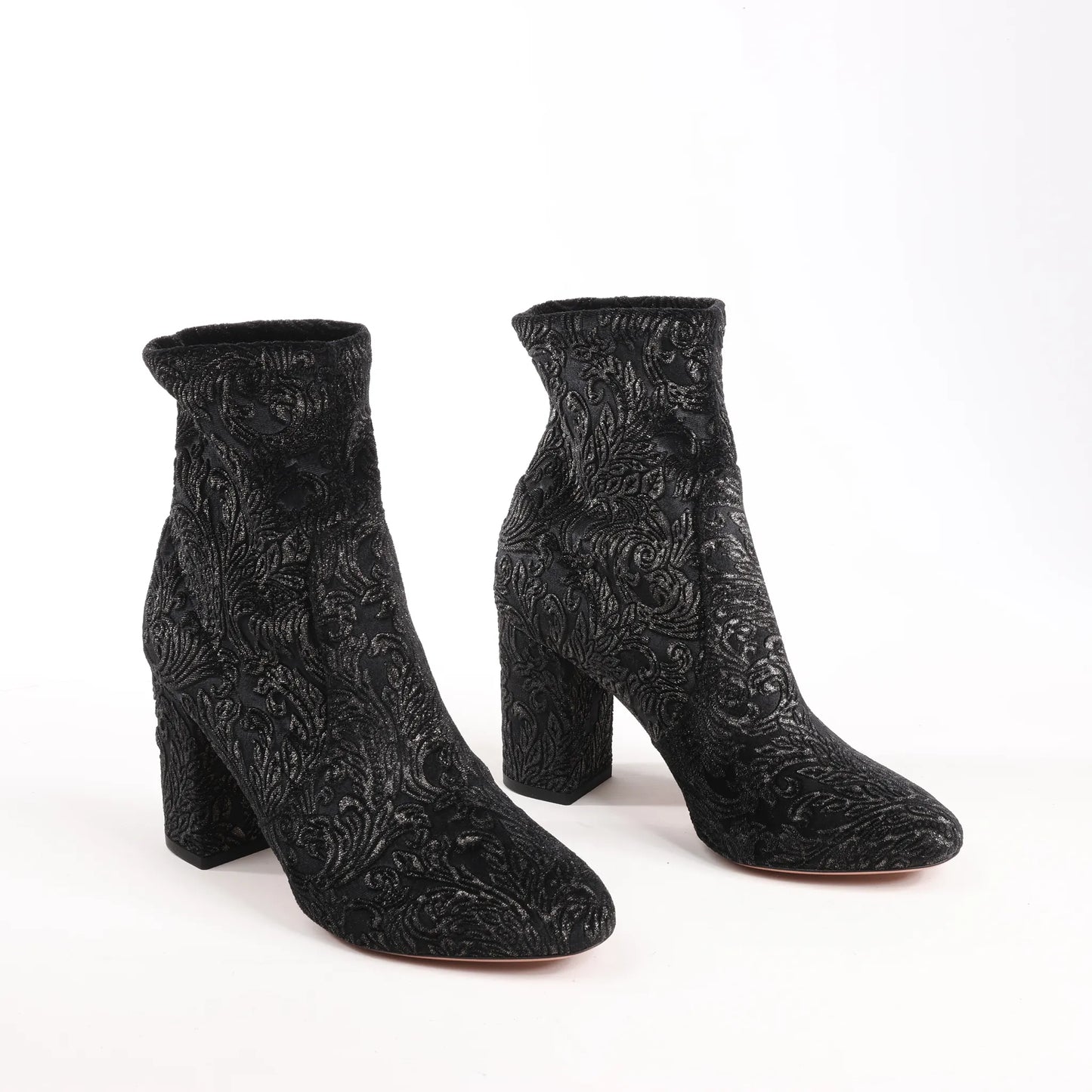 AQUAZZURA Heeled Velvet Ankle Sock Boots Tonal Baroque Tapestry in Black, Size 35.5 EU