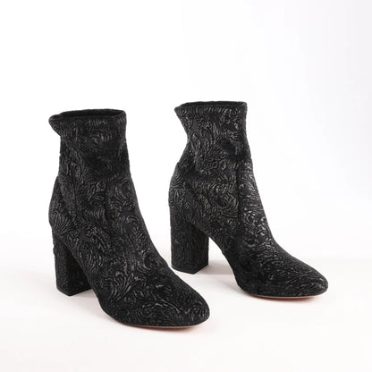 AQUAZZURA Heeled Velvet Ankle Sock Boots Tonal Baroque Tapestry in Black, Size 35.5 EU