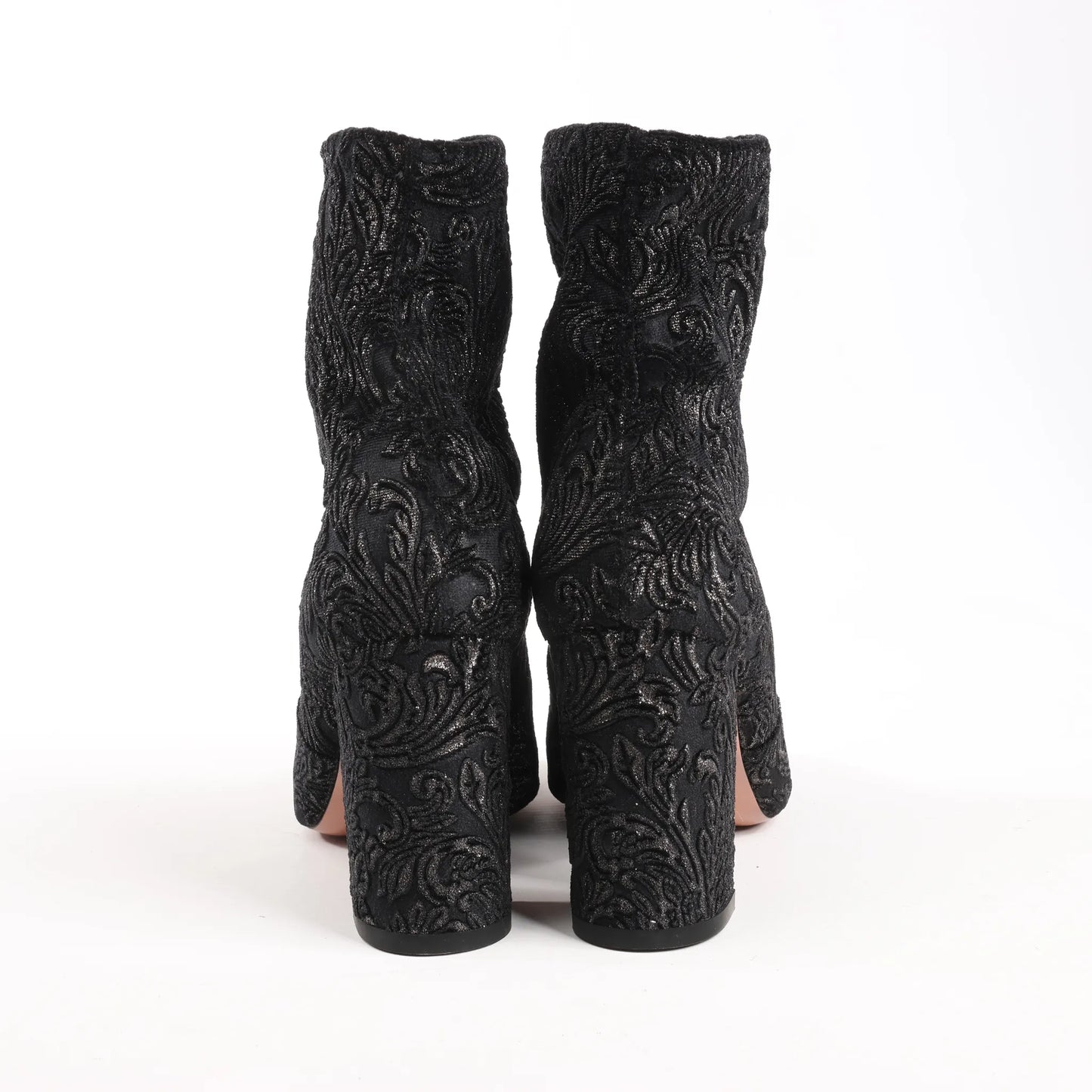 AQUAZZURA Heeled Velvet Ankle Sock Boots Tonal Baroque Tapestry in Black, Size 35.5 EU