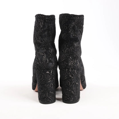 AQUAZZURA Heeled Velvet Ankle Sock Boots Tonal Baroque Tapestry in Black, Size 35.5 EU