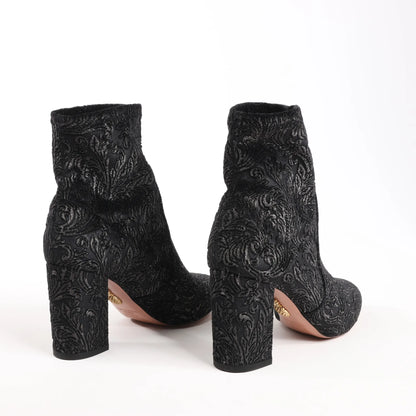 AQUAZZURA Heeled Velvet Ankle Sock Boots Tonal Baroque Tapestry in Black, Size 35.5 EU