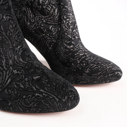 AQUAZZURA Heeled Velvet Ankle Sock Boots Tonal Baroque Tapestry in Black, Size 35.5 EU