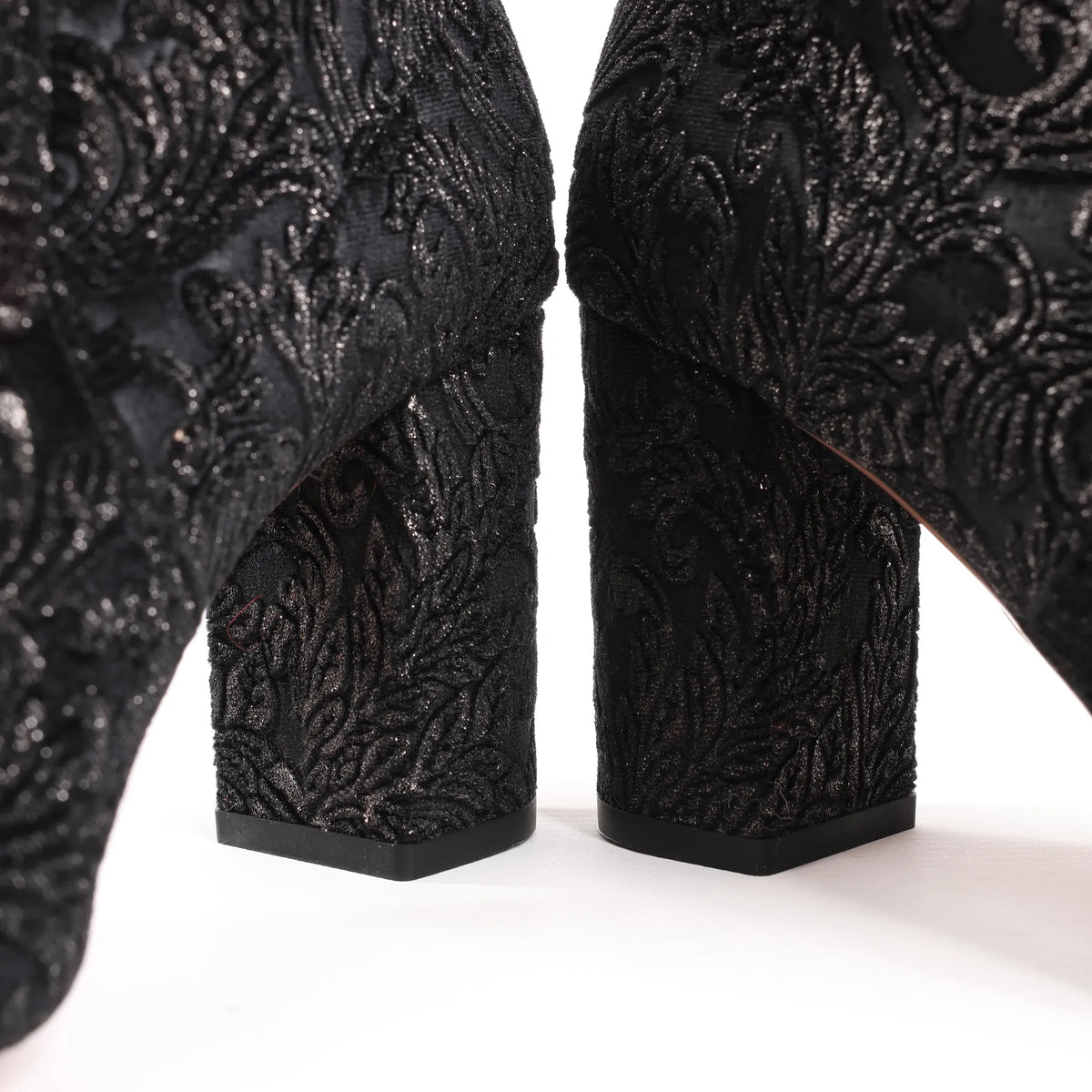 AQUAZZURA Heeled Velvet Ankle Sock Boots Tonal Baroque Tapestry in Black, Size 35.5 EU