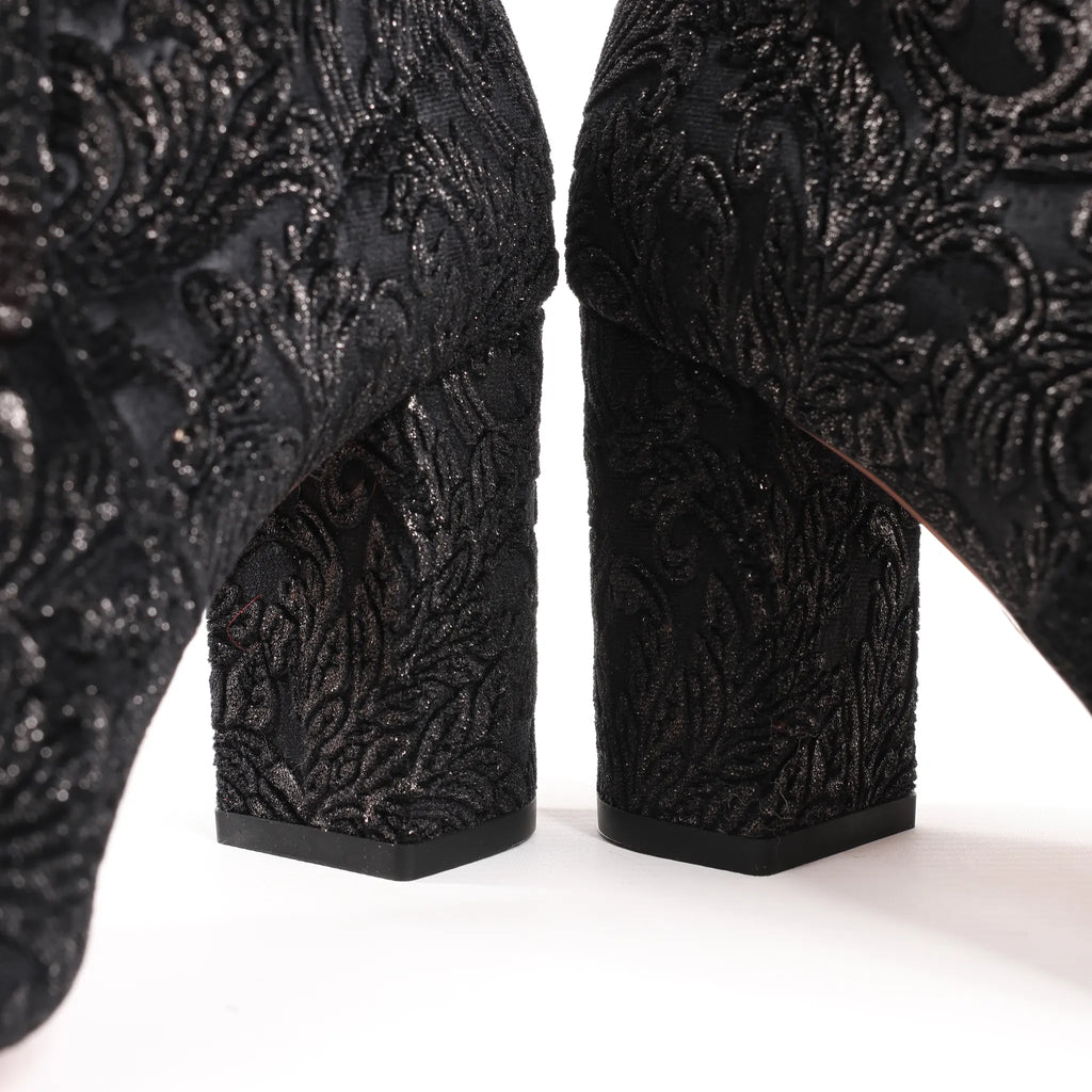 AQUAZZURA Heeled Velvet Ankle Sock Boots Tonal Baroque Tapestry in Black, Size 35.5 EU