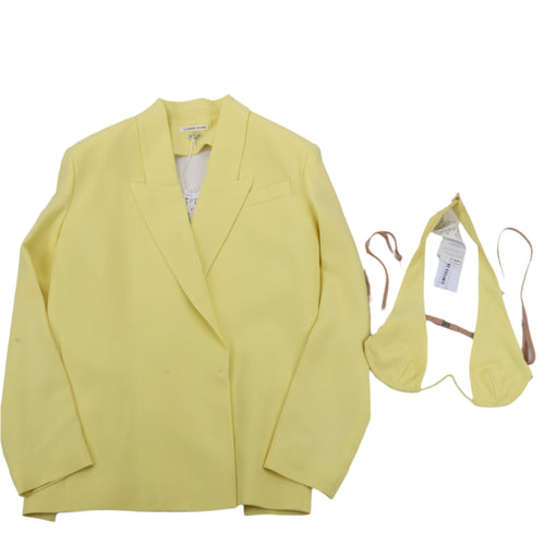 Pastel yellow Alessandro Vigilante blazer with notched lapels and chest welt pocket, shown with matching yellow bra top featuring beige straps and hanging tags.