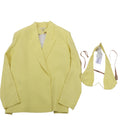 Pastel yellow Alessandro Vigilante blazer with notched lapels and chest welt pocket, shown with matching yellow bra top featuring beige straps and hanging tags.