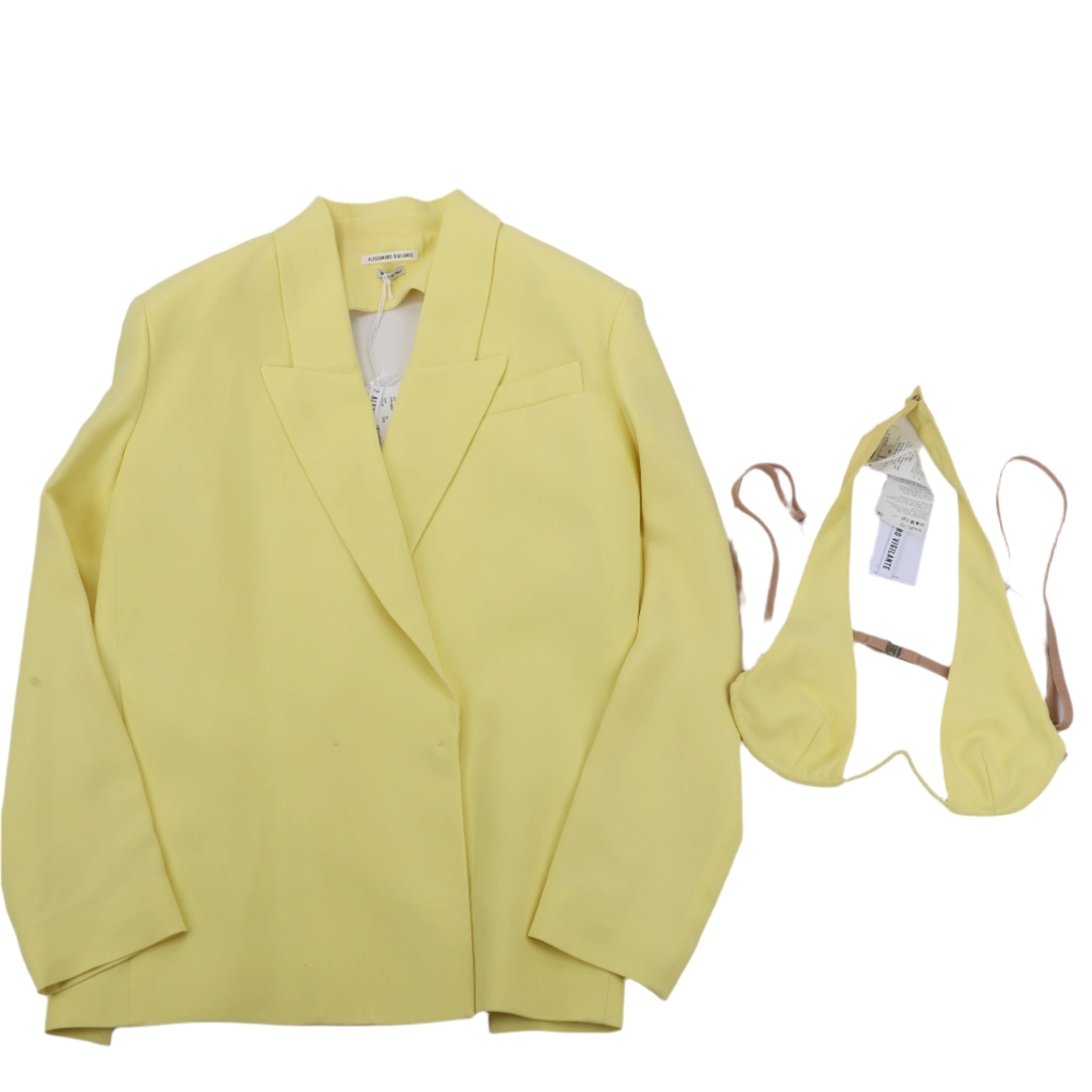 Pastel yellow Alessandro Vigilante blazer with notched lapels and chest welt pocket, shown with matching yellow bra top featuring beige straps and hanging tags.