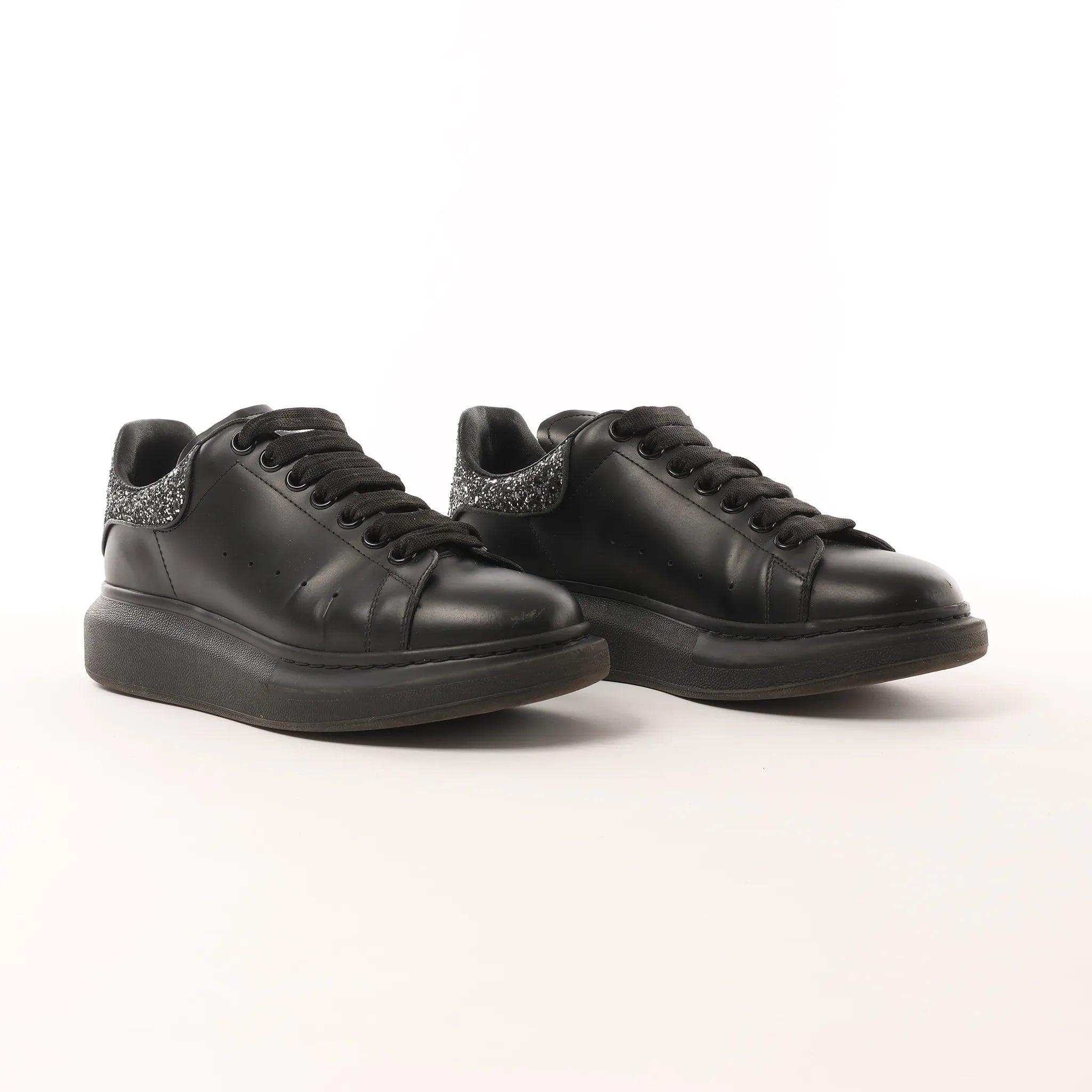Alexander McQueen Runway Glitter-Heeled Leather Platform Trainers in Black, Size 39 EU