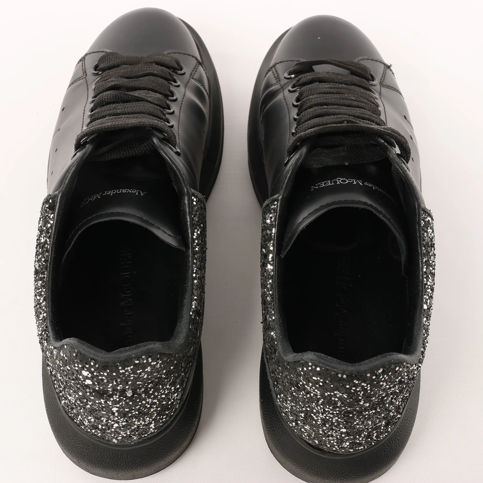Alexander McQueen Runway Glitter-Heeled Leather Platform Trainers in Black, Size 39 EU
