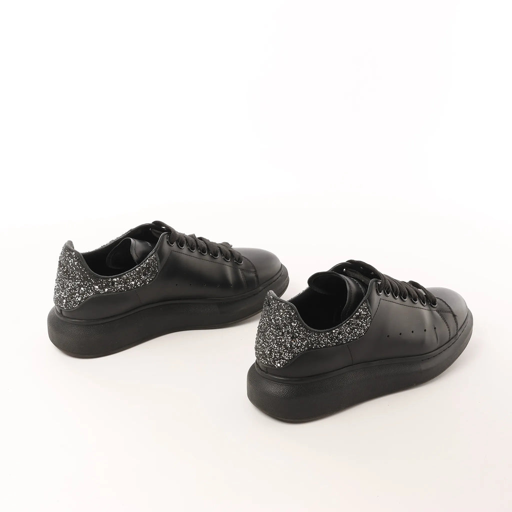 Alexander McQueen Runway Glitter-Heeled Leather Platform Trainers in Black, Size 39 EU
