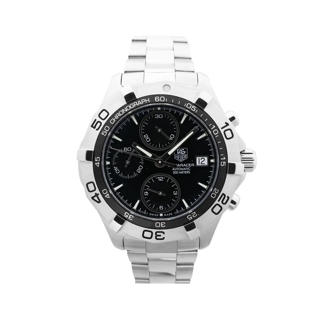 TAG Heuer Aquaracer stainless steel chronograph watch with black dial, three subdials, date window, numbered bezel and steel bracelet.