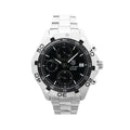 TAG Heuer Aquaracer stainless steel chronograph watch with black dial, three subdials, date window, numbered bezel and steel bracelet.