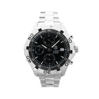 TAG Heuer Aquaracer stainless steel chronograph watch with black dial, three subdials, date window, numbered bezel and steel bracelet.