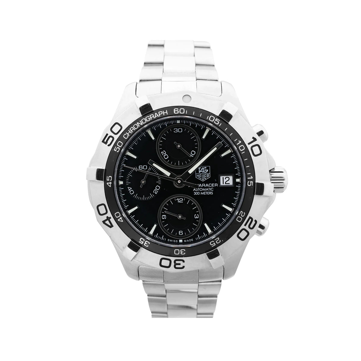 TAG Heuer Aquaracer stainless steel chronograph watch with black dial, three subdials, date window, numbered bezel and steel bracelet.
