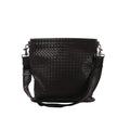 Brown Bottega Veneta Intrecciato woven leather messenger bag with a wide adjustable shoulder strap and dark metal hardware.