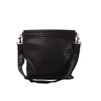 Brown Bottega Veneta Intrecciato woven leather messenger bag with a wide adjustable shoulder strap and dark metal hardware.