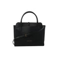 Black Bvlgari Alba leather handbag with structured top handles, slim shoulder strap, clean rectangular silhouette and gold-tone Bvlgari logo.