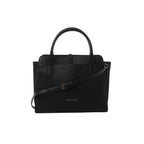 Black Bvlgari Alba leather handbag with structured top handles, slim shoulder strap, clean rectangular silhouette and gold-tone Bvlgari logo.