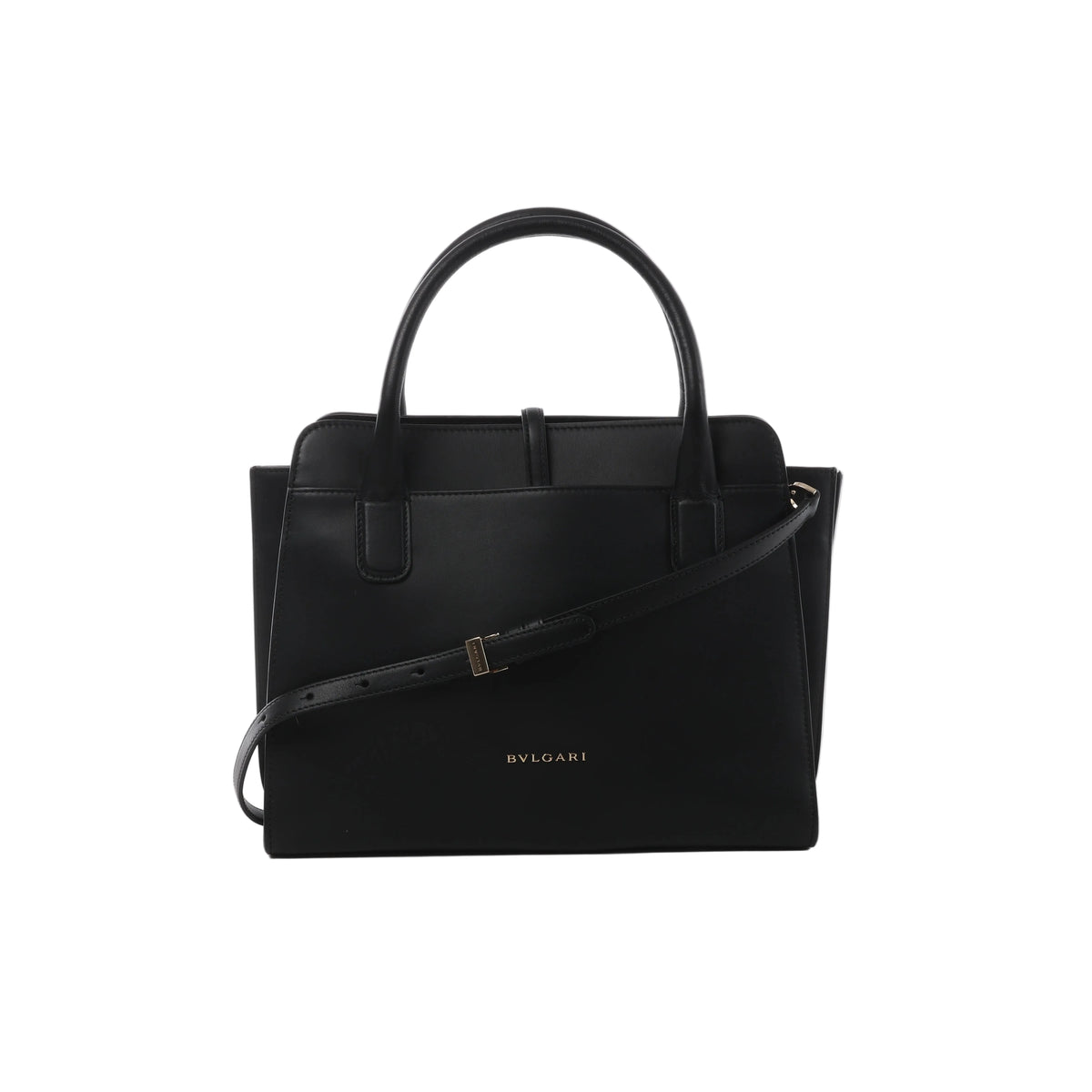 Black Bvlgari Alba leather handbag with structured top handles, slim shoulder strap, clean rectangular silhouette and gold-tone Bvlgari logo.