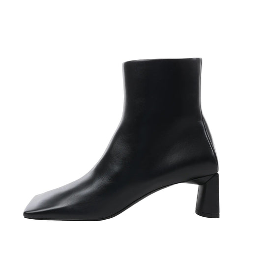 Side view of a black Balenciaga Logo leather ankle boot in size 39 EU, featuring a sleek calfskin upper, square toe, and curved block heel on a white background.