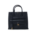 Black Balenciaga leather handbag with rounded top handles, front flap pocket, gold-tone padlock clasp and hanging leather fob.