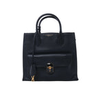 Black Balenciaga leather handbag with rounded top handles, front flap pocket, gold-tone padlock clasp and hanging leather fob.