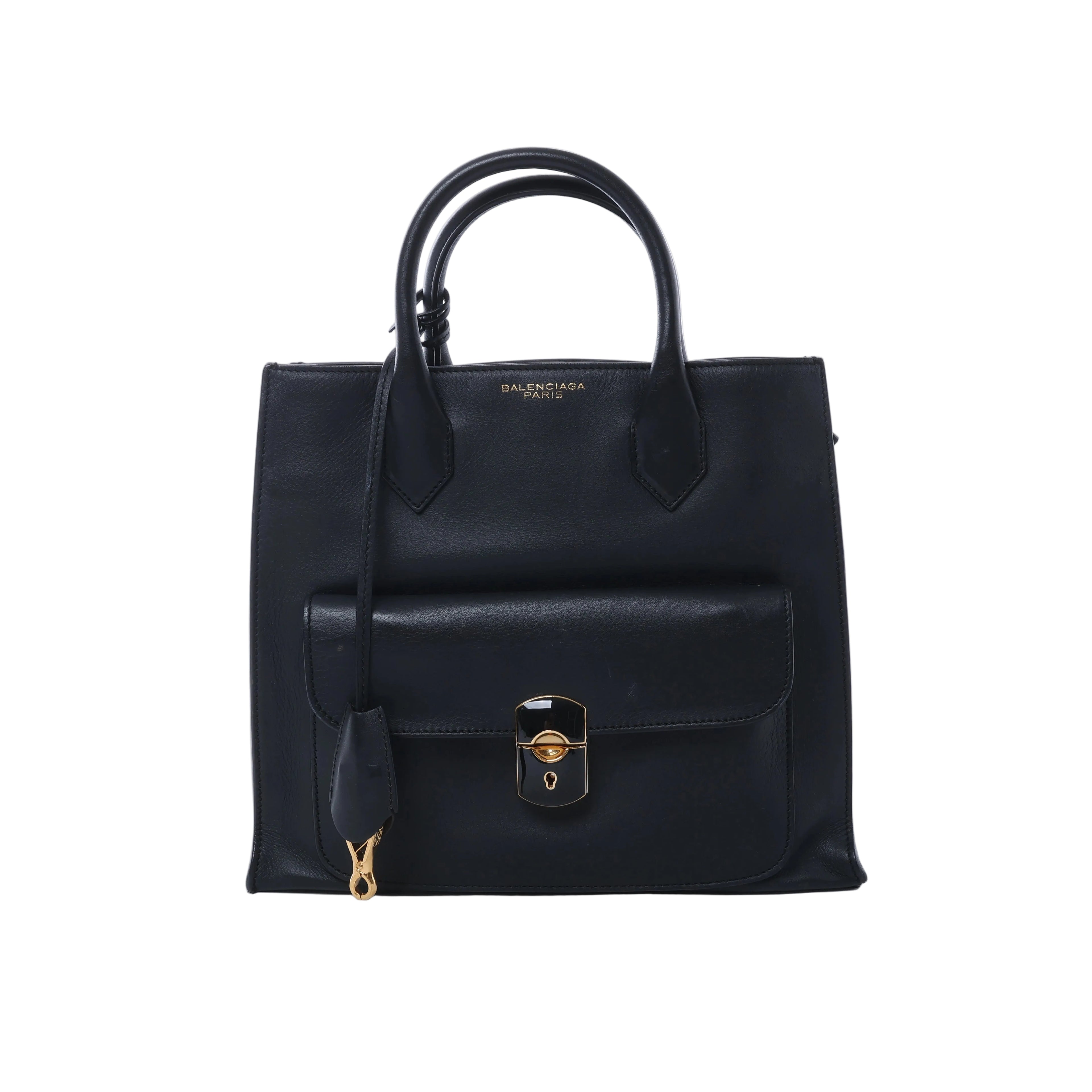 Black Balenciaga leather handbag with rounded top handles, front flap pocket, gold-tone padlock clasp and hanging leather fob.
