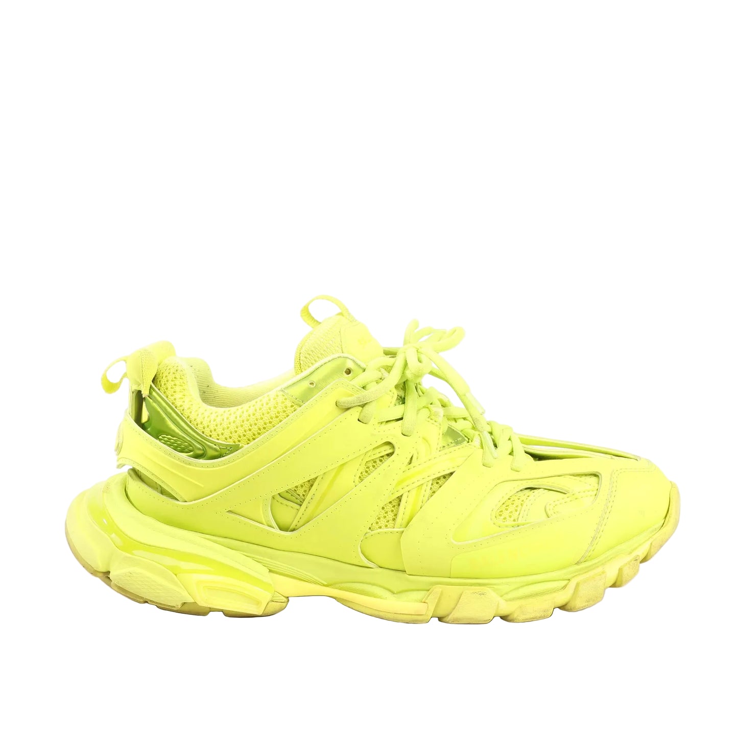 Balenciaga Track sneakers in vibrant neon yellow, featuring mesh and leather panel construction, chunky sole, lace-up design, and sporty silhouette. Size 43 EU.