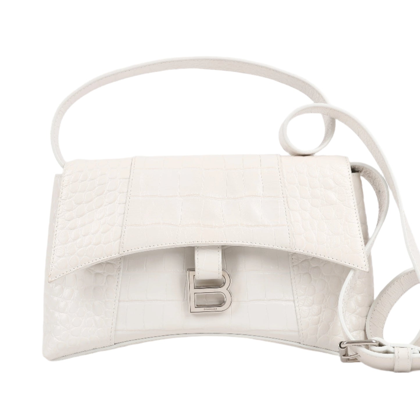 White handbag with a visible brand logo on a light gray background