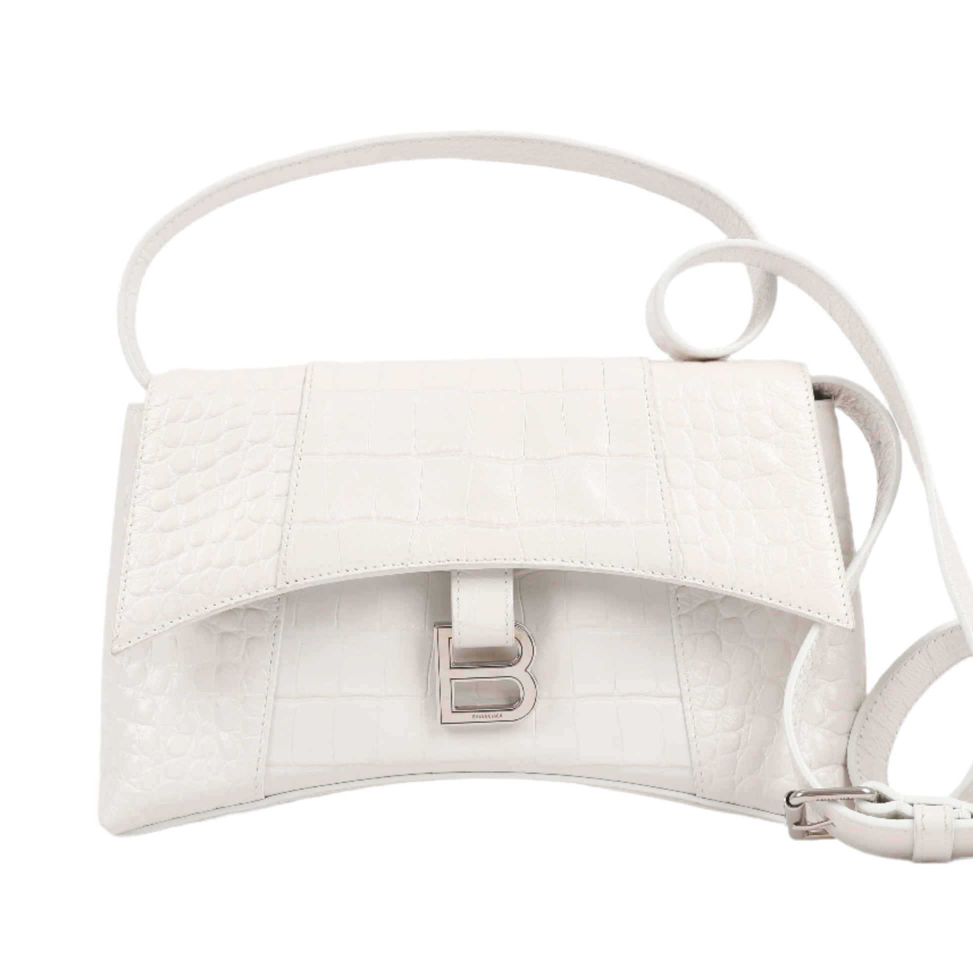 White handbag with a visible brand logo on a light gray background