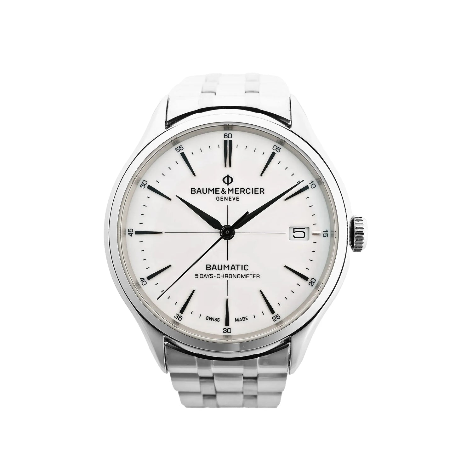 Baume & Mercier Clifton Baumatic M0A10505 automatic watch with white dial, black markers, date window at 3 o'clock, and stainless steel bracelet, shown on a white background.