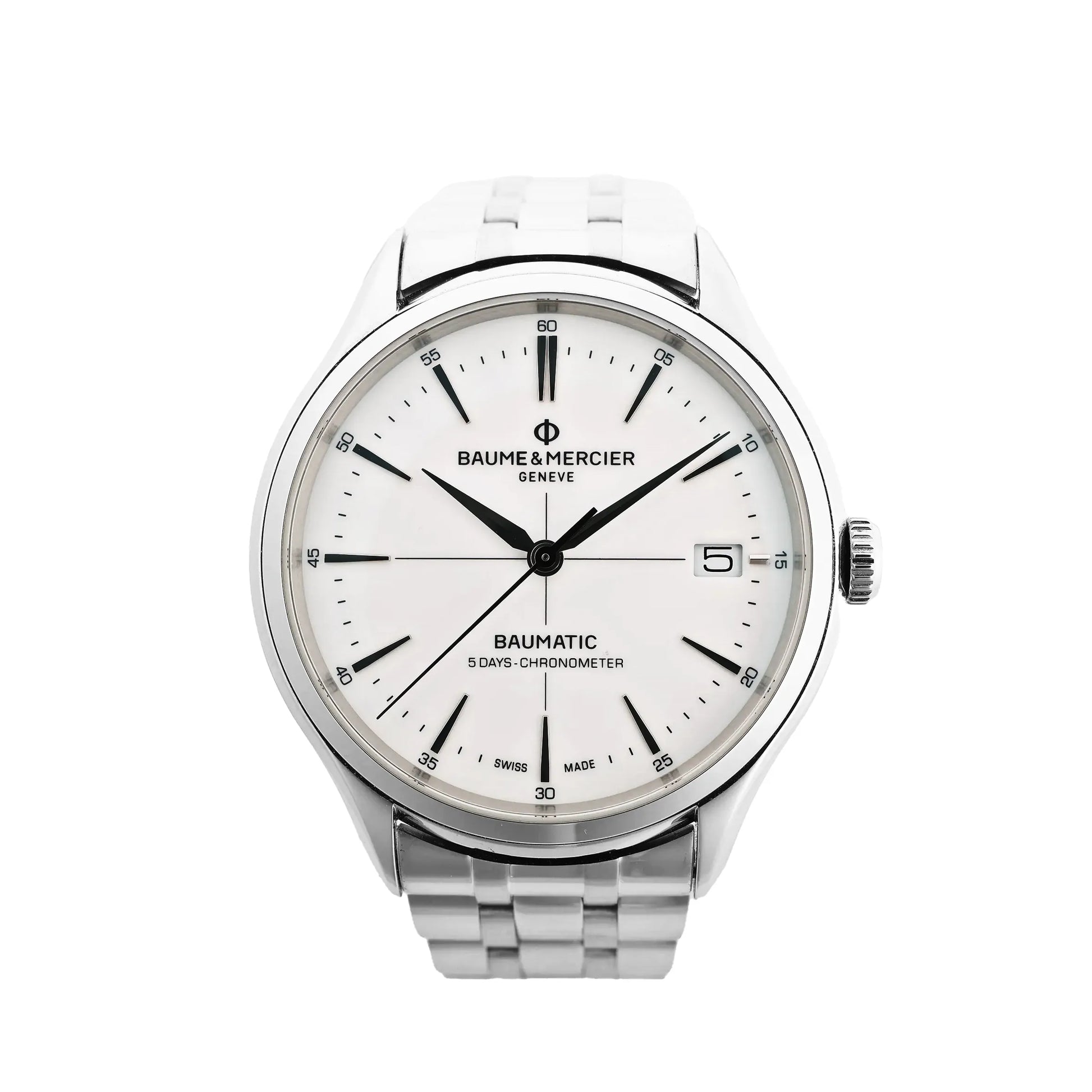 Baume & Mercier Clifton Baumatic M0A10505 automatic watch with white dial, black markers, date window at 3 o'clock, and stainless steel bracelet, shown on a white background.