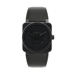 Bell & Ross BR 03-92 Phantom watch with black square case, four corner screws, black dial with large 12-3-6-9 numerals, date window, and black rubber strap.