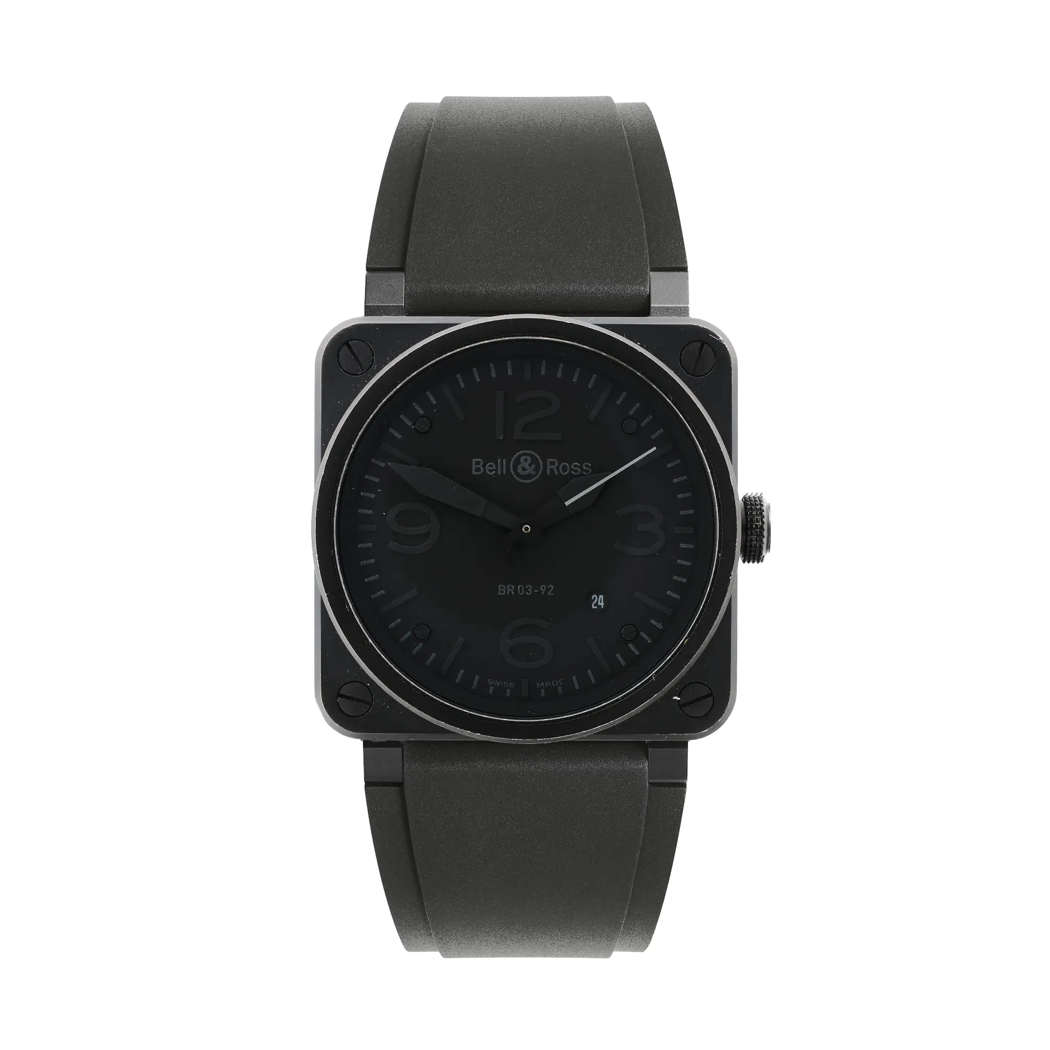 Bell & Ross BR 03-92 Phantom watch with black square case, four corner screws, black dial with large 12-3-6-9 numerals, date window, and black rubber strap.