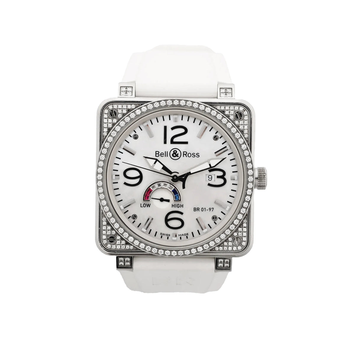 Bell & Ross square stainless steel watch with white dial, black Arabic numerals, date window, power reserve gauge, diamond-set bezel and case details, and white rubber strap.