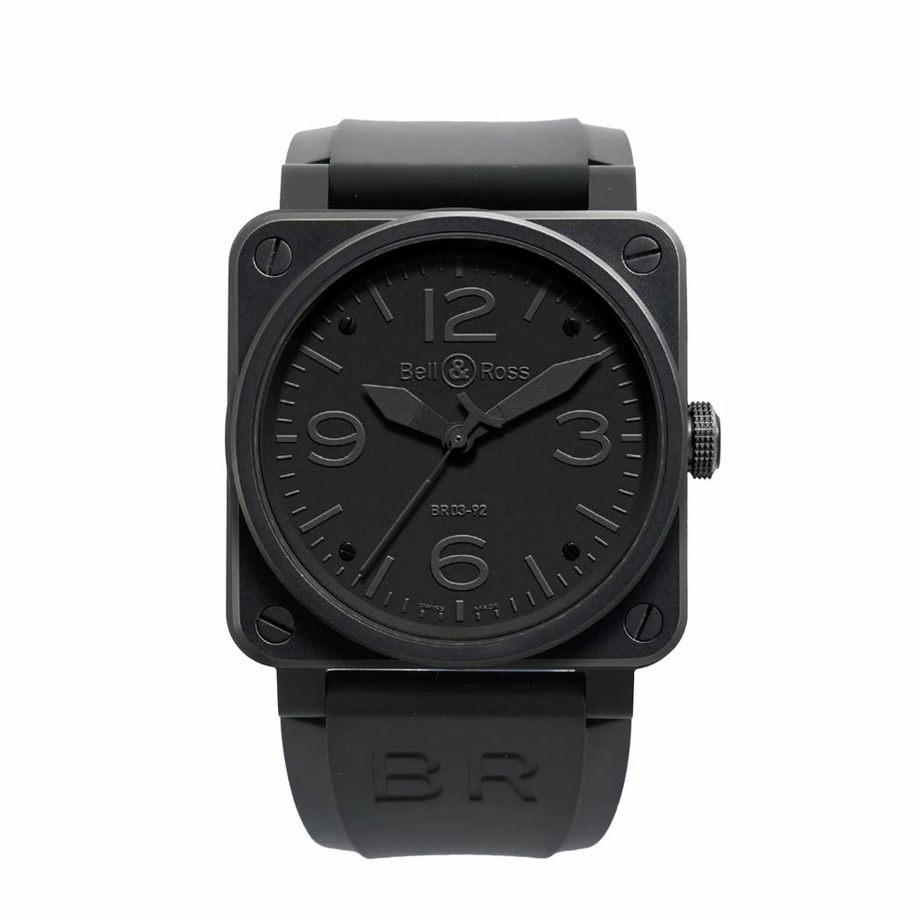 Bell & Ross BR 03-92 Phantom watch with black square case, black dial with large 12 3 6 9 numerals, and black rubber strap
