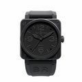 Bell & Ross BR 03-92 Phantom watch with black square case, black dial with large 12 3 6 9 numerals, and black rubber strap