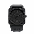 Bell & Ross BR 03-92 Phantom watch with black square case, black dial with large 12 3 6 9 numerals, and black rubber strap