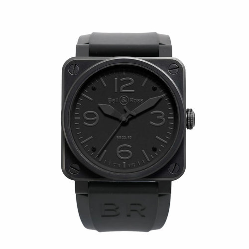 Bell & Ross BR 03-92 Phantom watch with black square case, black dial with large 12 3 6 9 numerals, and black rubber strap