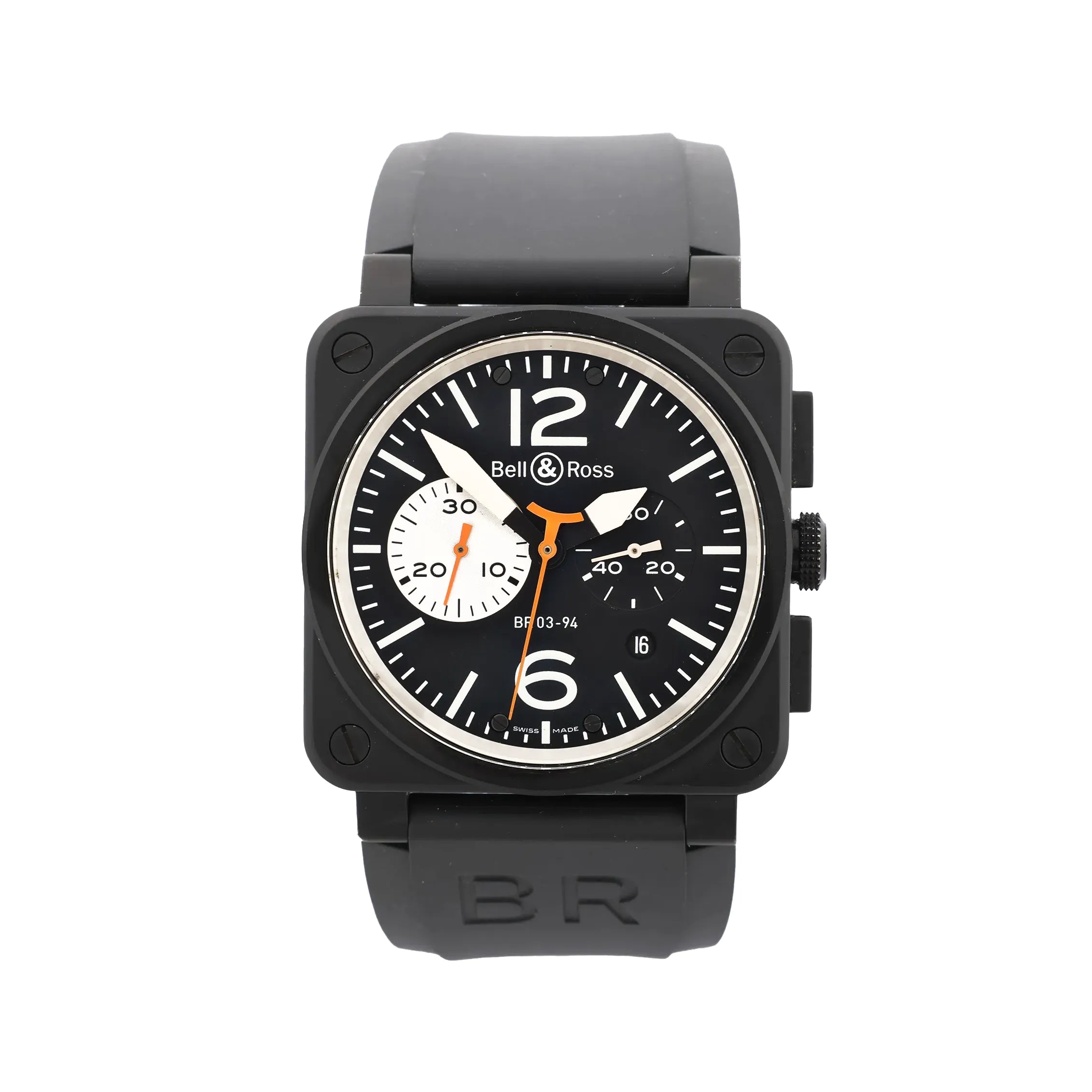 Front view of Bell & Ross BR 03-94 watch with matte black square case, black dial with white markers and large 12 and 6, orange accents, chronograph subdials, date window, and black rubber strap.
