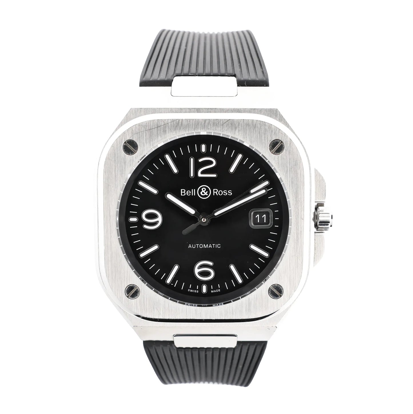 Bell & Ross BR05 1103150 BR05A watch featuring a square stainless steel case, black dial with luminous numerals and hands, date window at 3 o'clock, and black rubber strap.