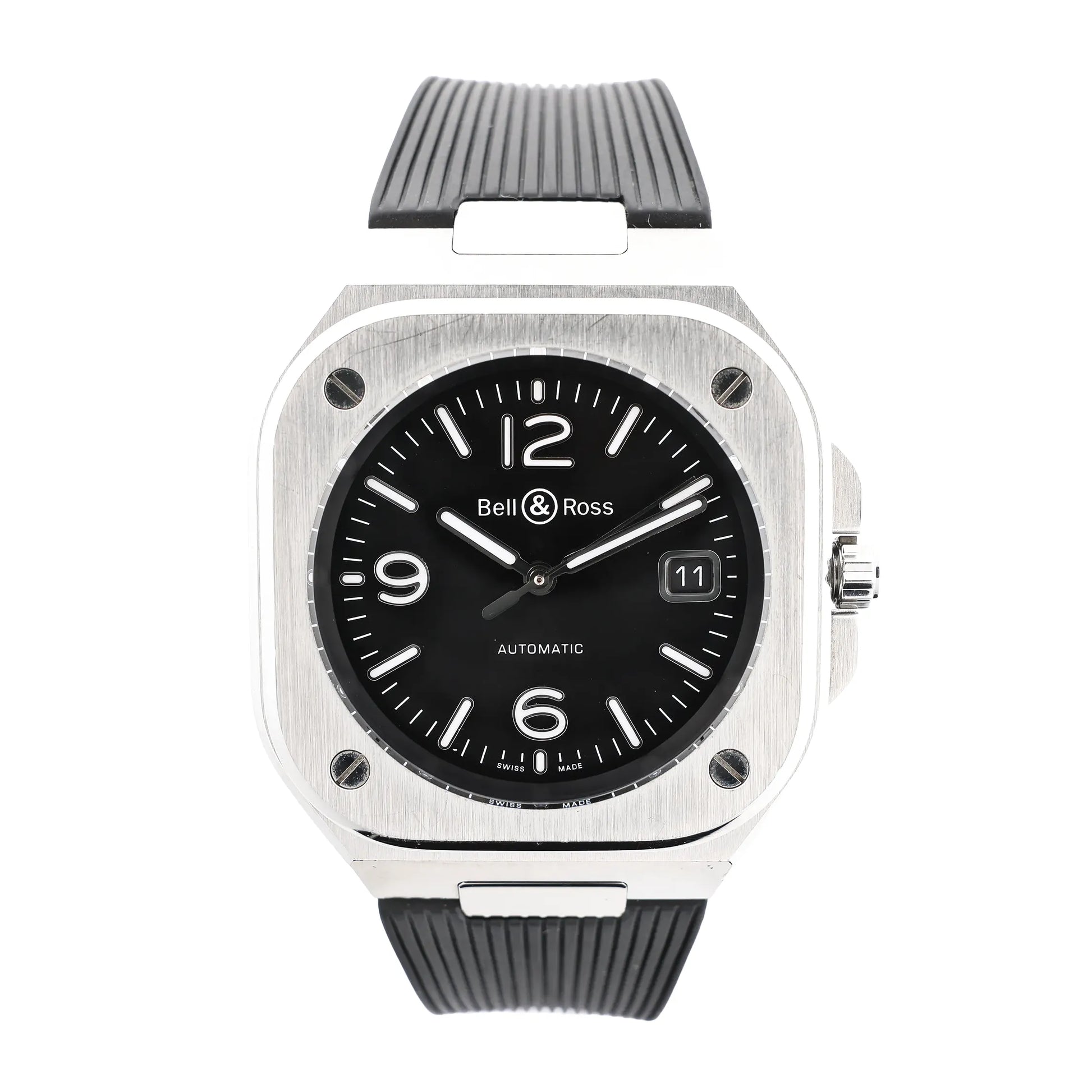 Bell & Ross BR05 1103150 BR05A watch featuring a square stainless steel case, black dial with luminous numerals and hands, date window at 3 o'clock, and black rubber strap.