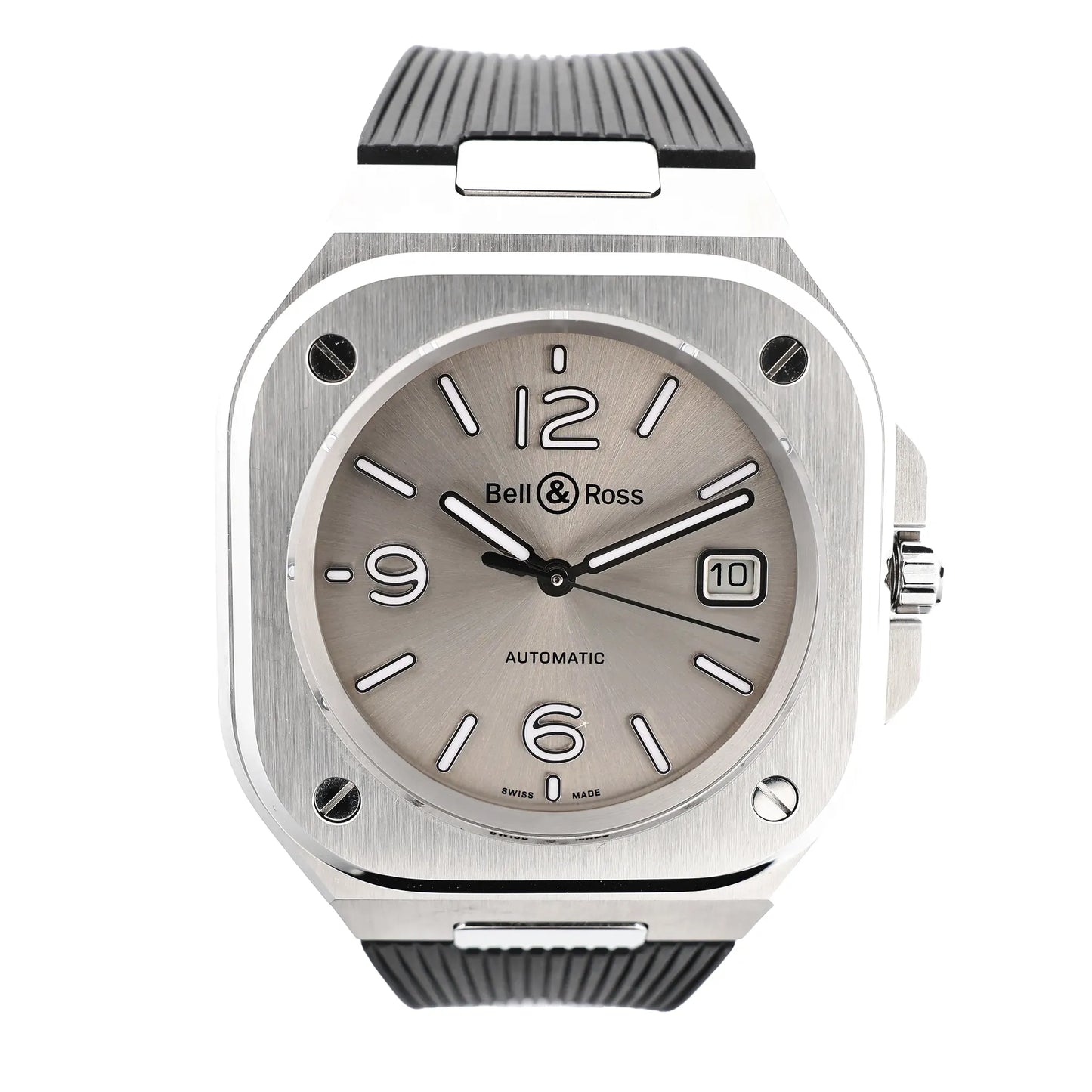 Bell & Ross BR05 BR05A-GR-ST/SRB watch featuring a brushed stainless steel square case, gray sunburst dial with white markers, date window at 3 o'clock, and textured black rubber strap.